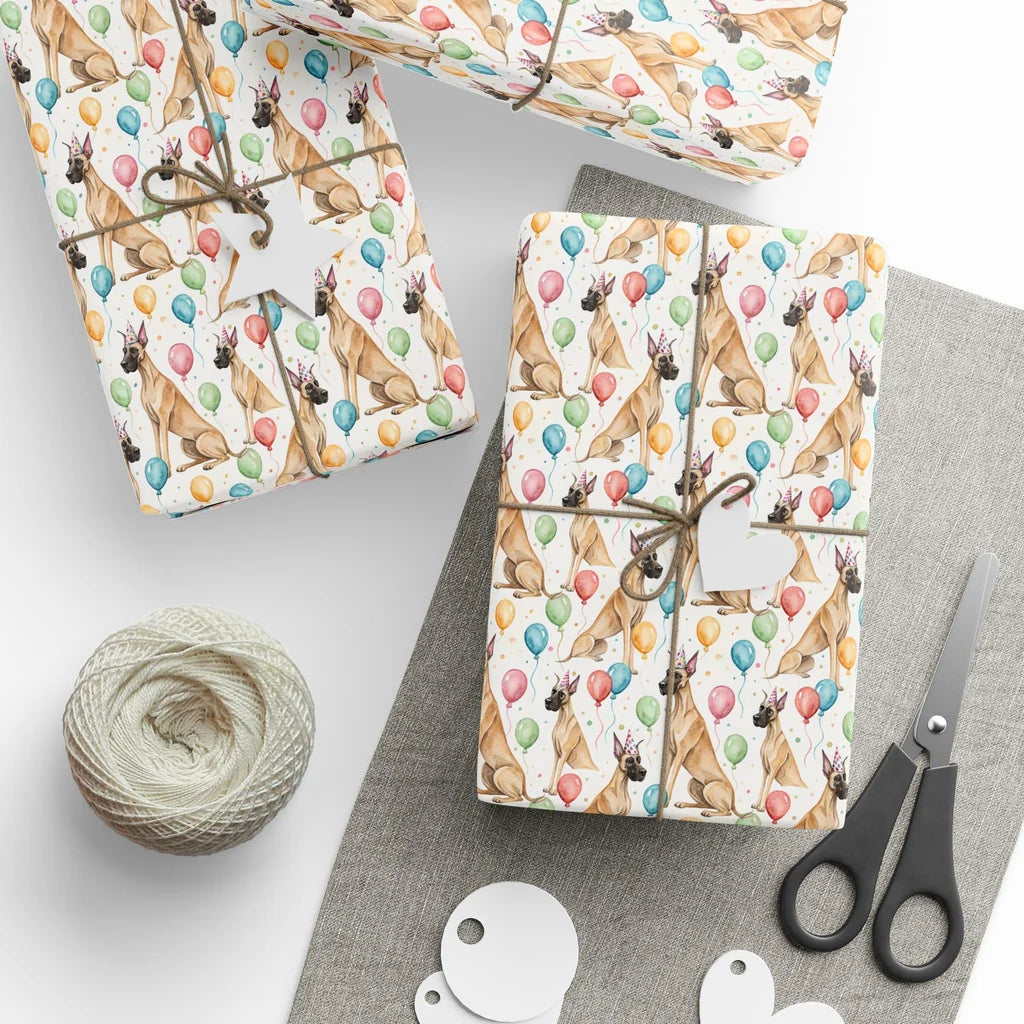Party Animal: Great Dane Birthday Wrapping Paper — styled gift wrapping with scissors and twine