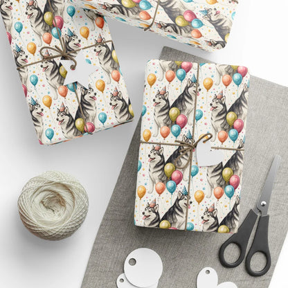 Party Animal Siberian Husky Birthday Wrapping Paper — styled gift wrapping with scissors and twine