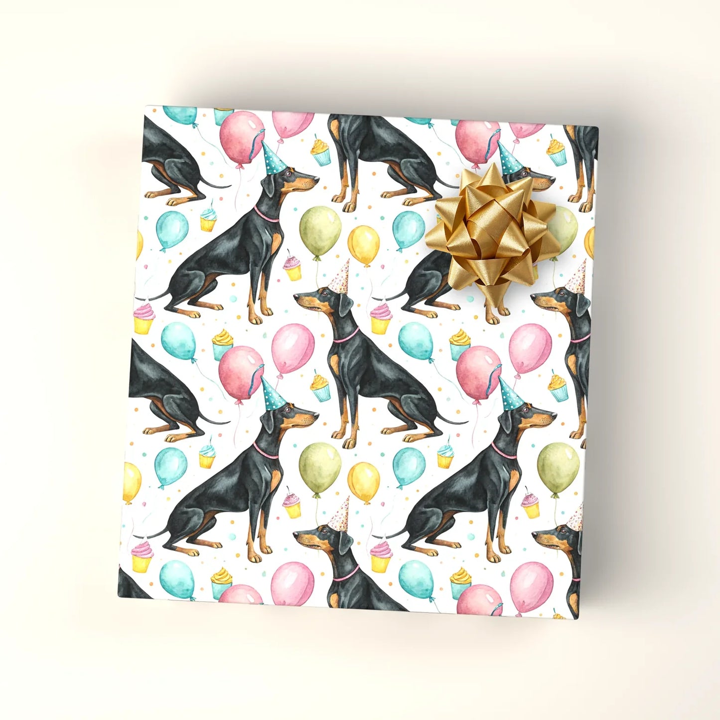 Party Doberman Birthday Wrapping Paper — wrapped gift presentation