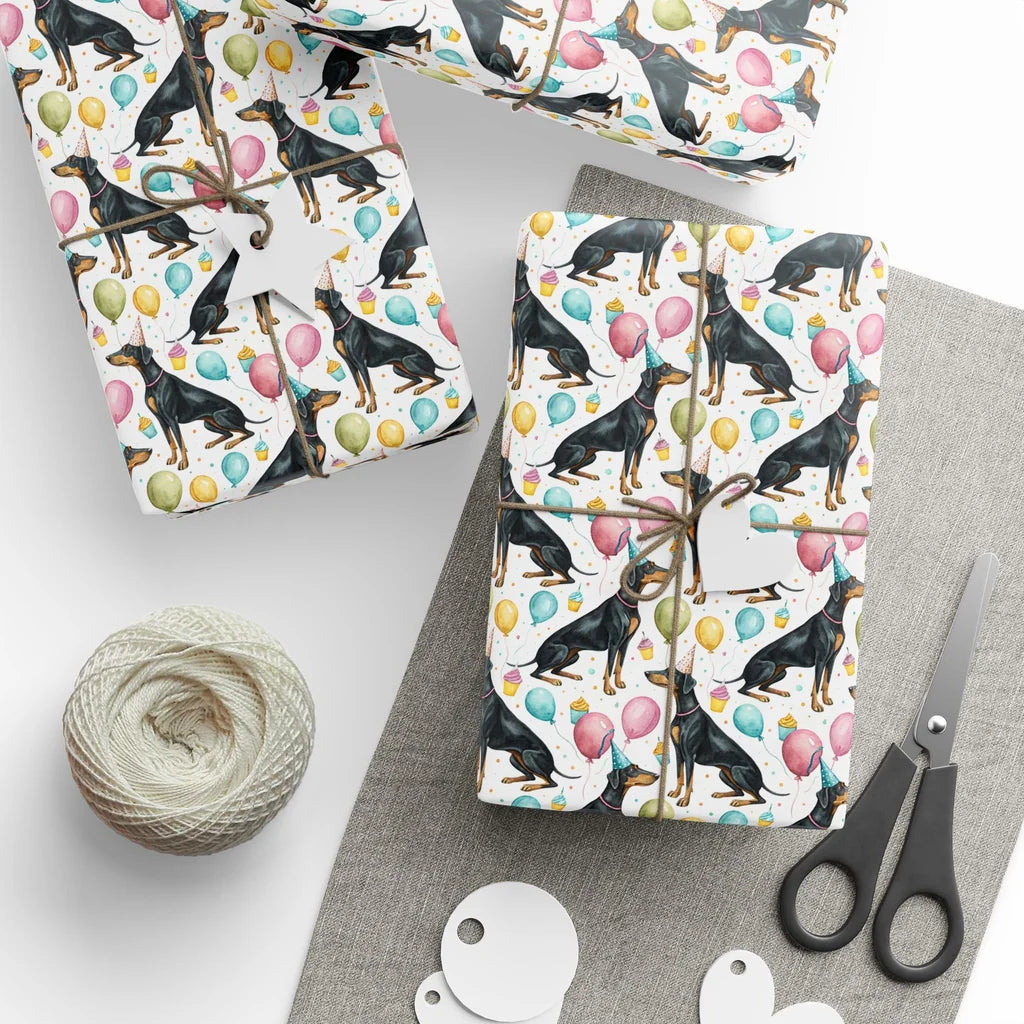 Party Doberman Birthday Wrapping Paper — styled gift wrapping with scissors and twine