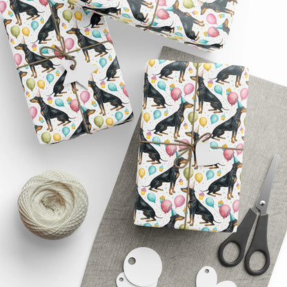 Party Doberman Birthday Wrapping Paper — styled gift wrapping with scissors and twine
