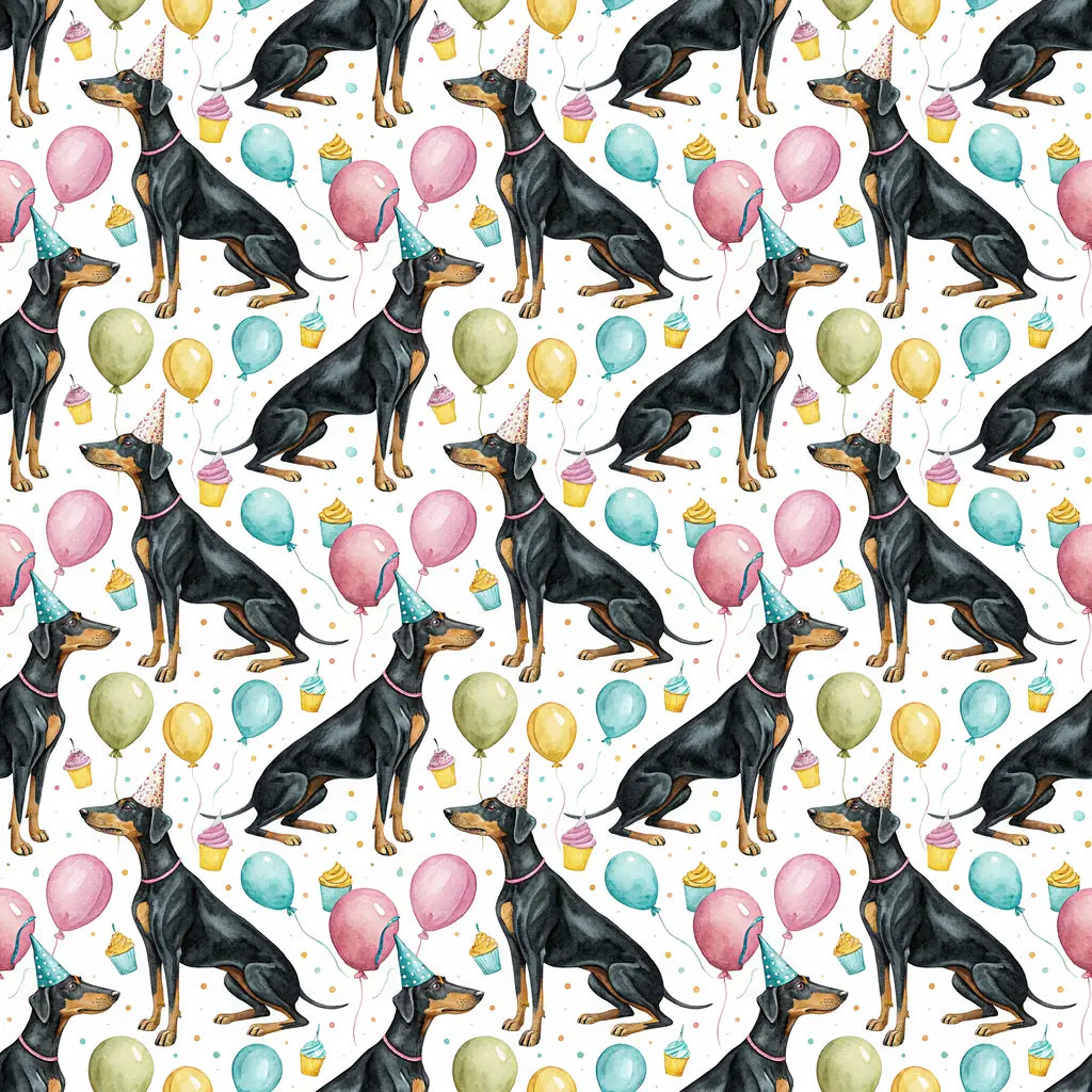 Party Doberman Birthday Wrapping Paper — repeating pattern tile