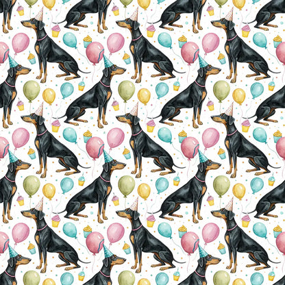 Party Doberman Birthday Wrapping Paper — repeating pattern tile