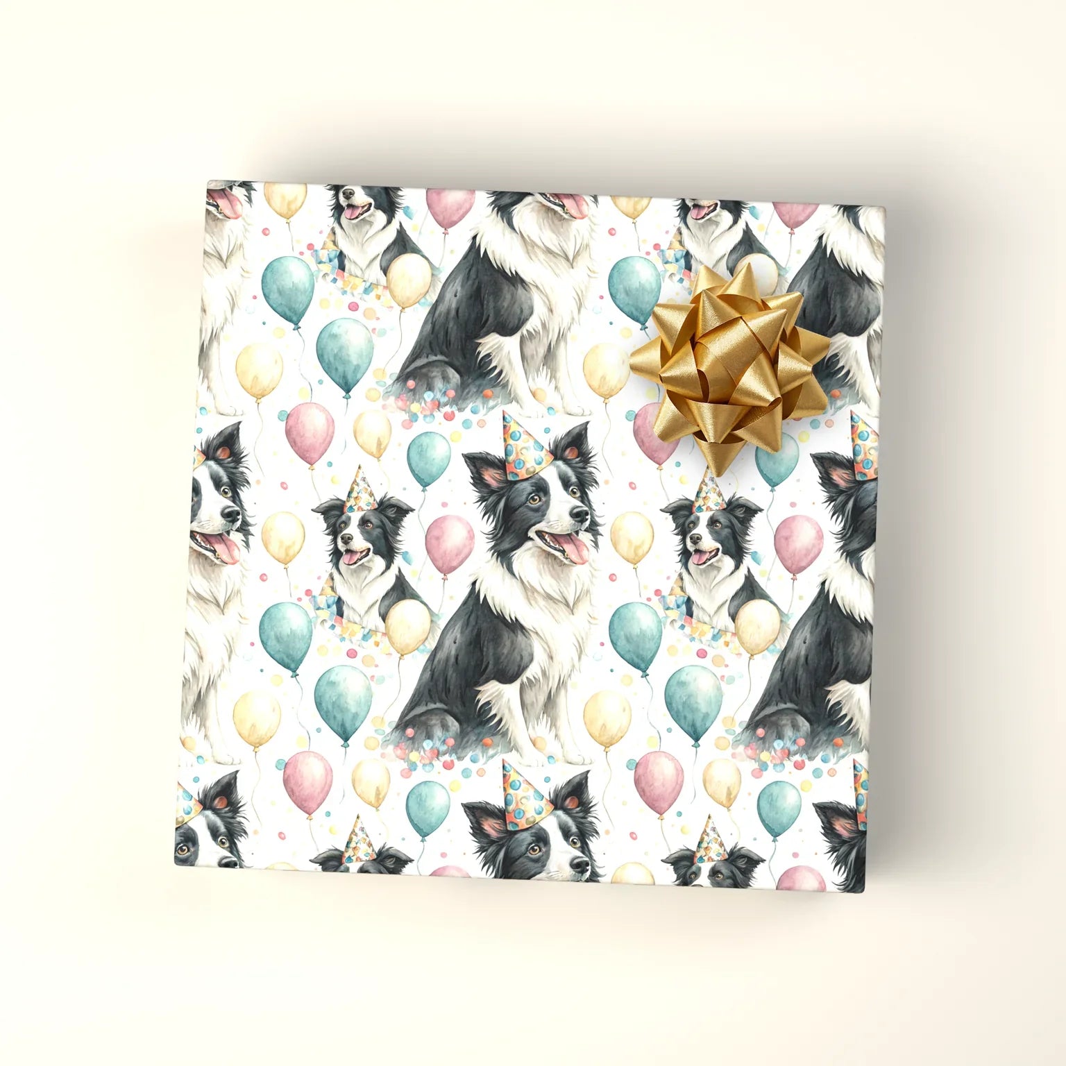 Party Hat Border Collie Birthday Wrapping Paper — wrapped gift presentation