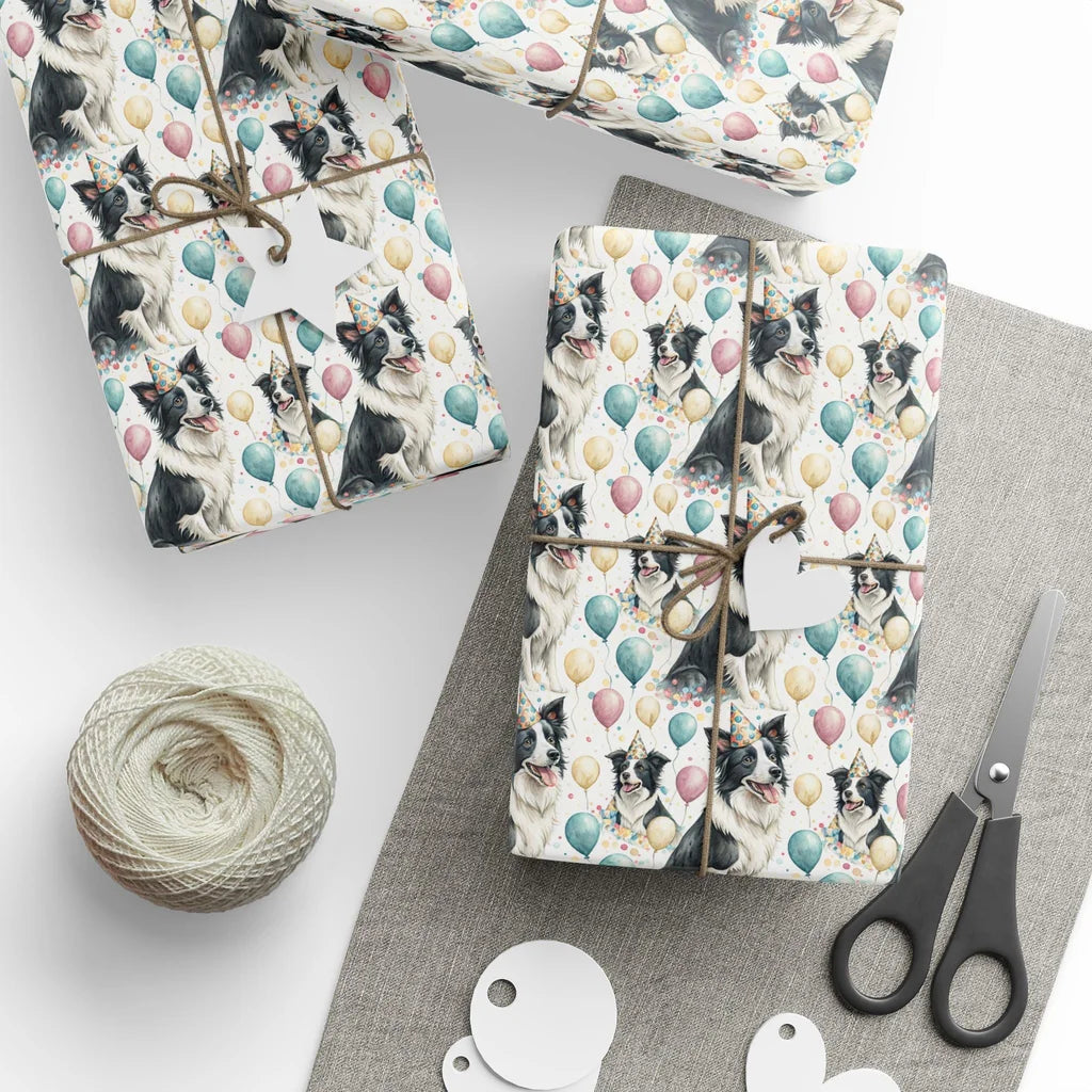 Party Hat Border Collie Birthday Wrapping Paper — styled gift wrapping with scissors and twine