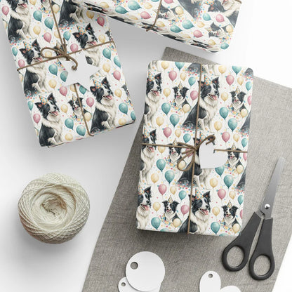 Party Hat Border Collie Birthday Wrapping Paper — styled gift wrapping with scissors and twine