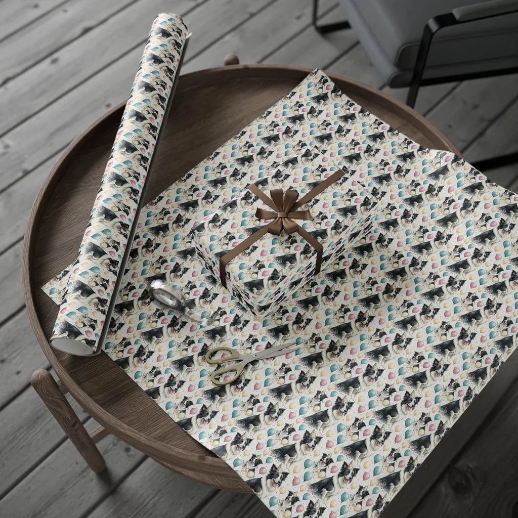 Party Hat Border Collie Birthday Wrapping Paper — gift wrapping presented on a wooden table