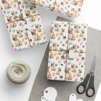 Party Hat French Bulldog Birthday Wrapping Paper — styled gift wrapping with scissors and twine