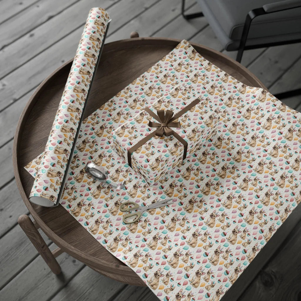 Party Hat French Bulldog Birthday Wrapping Paper — gift wrapping presented on a wooden table