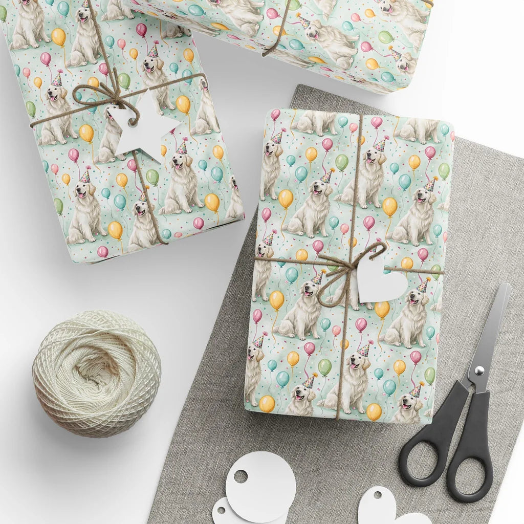 Party Hat Golden Retriever Birthday Wrapping Paper — styled gift wrapping with scissors and twine