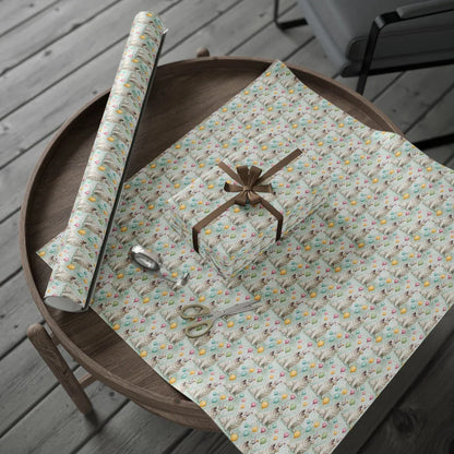 Party Hat Golden Retriever Birthday Wrapping Paper — gift wrapping presented on a wooden table