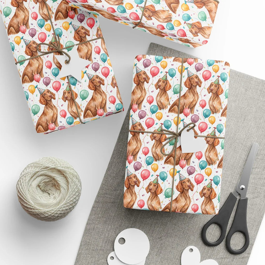 Party Hat Vizsla Birthday Wrapping Paper — styled gift wrapping with scissors and twine