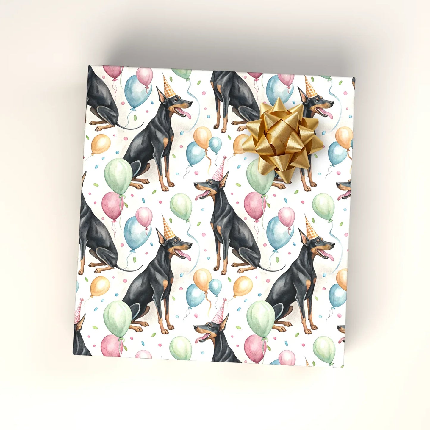 Party Pinscher: Doberman Birthday Wrapping Paper — wrapped gift presentation