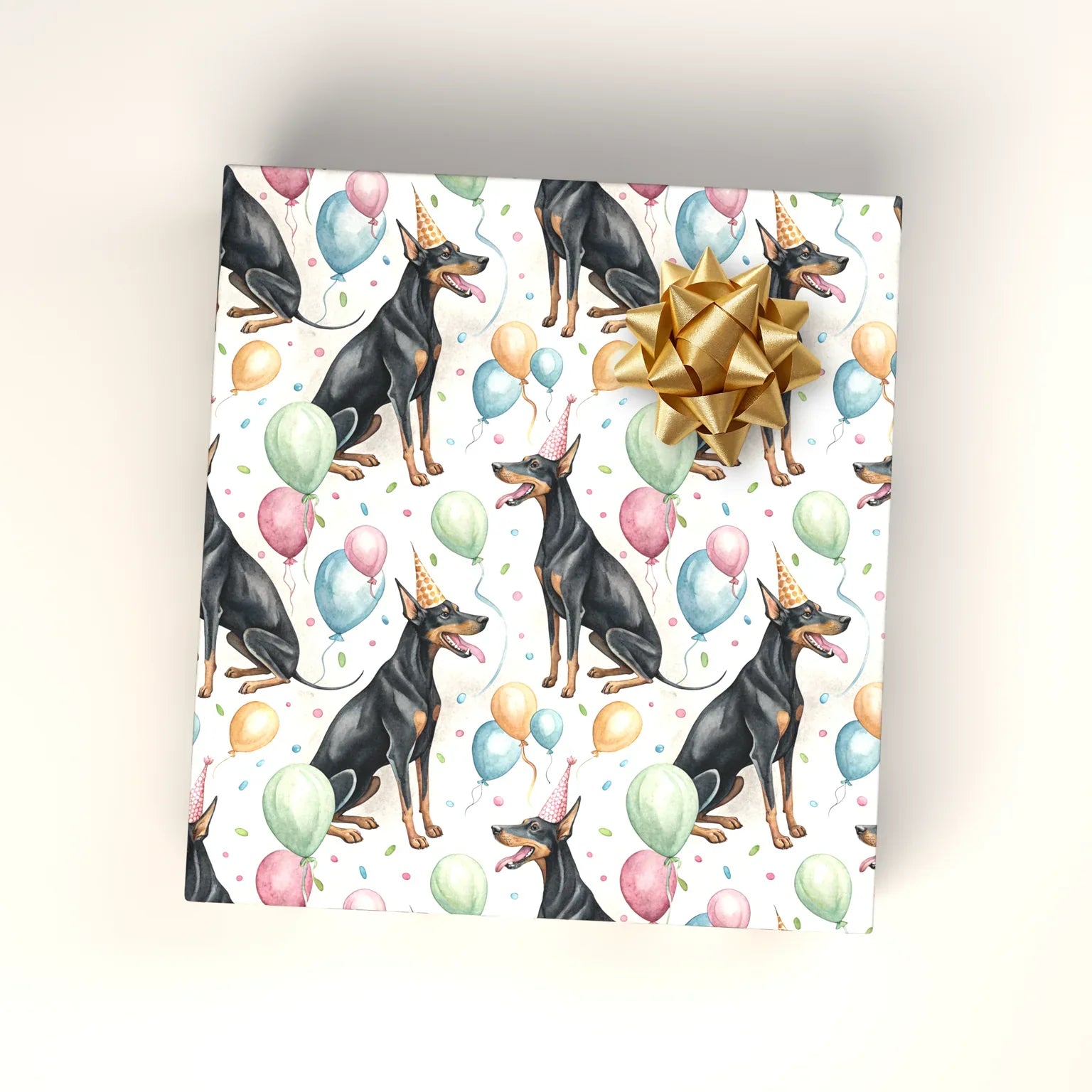 Party Pinscher: Doberman Birthday Wrapping Paper — wrapped gift presentation