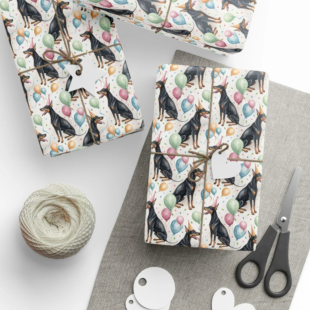 Party Pinscher: Doberman Birthday Wrapping Paper — styled gift wrapping with scissors and twine