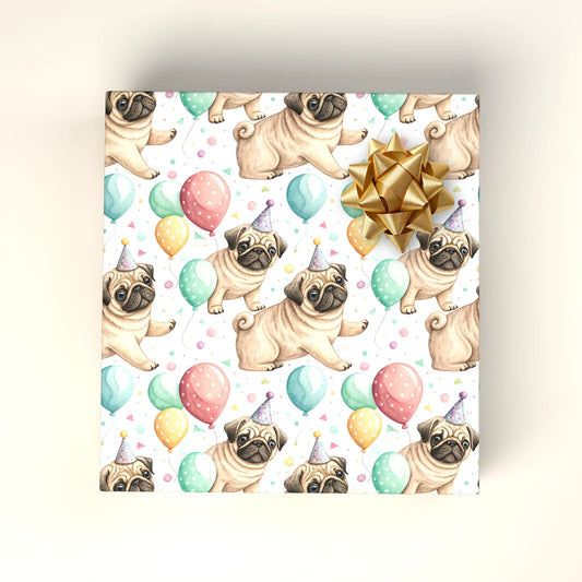 Party Pug Birthday Wrapping Paper — wrapped gift presentation