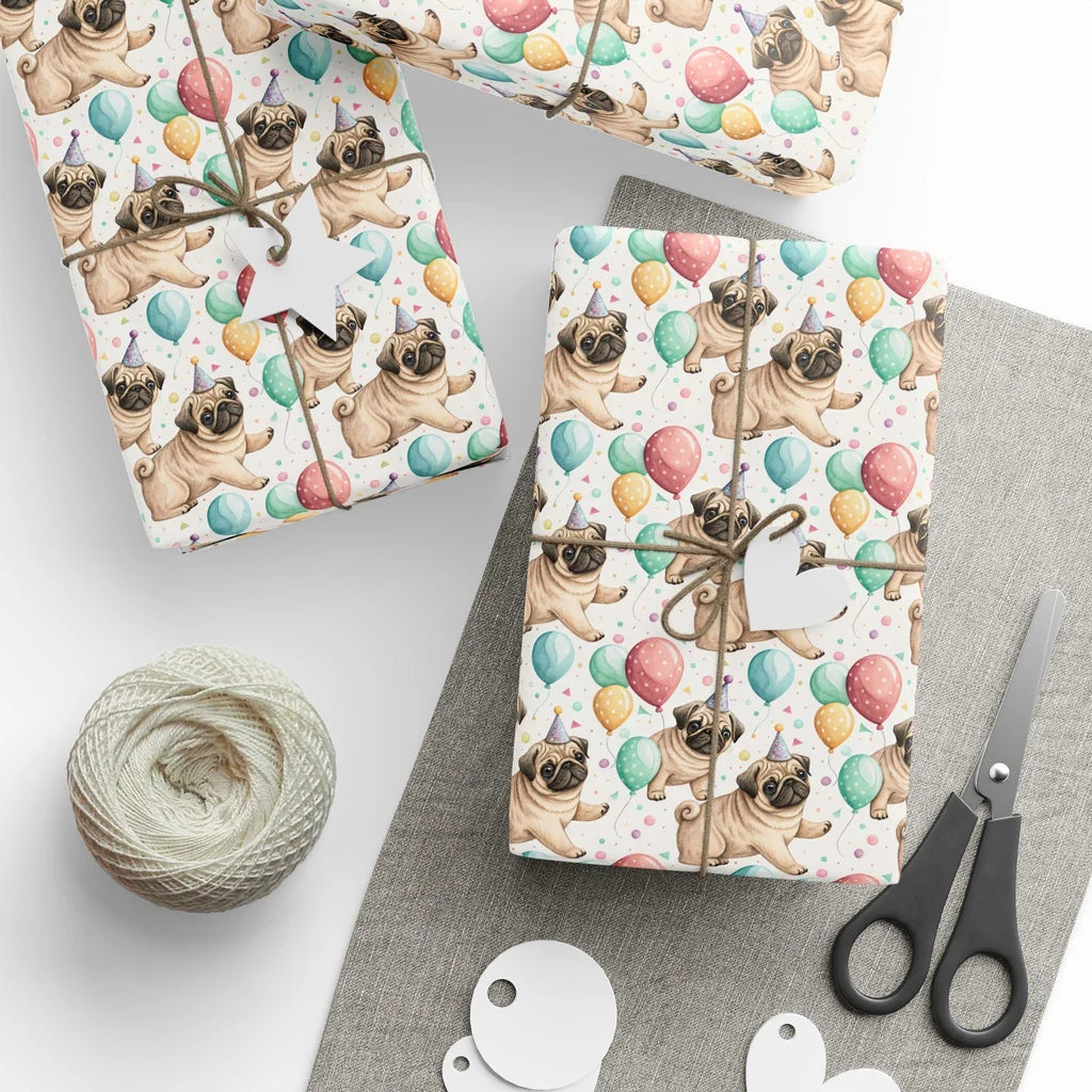 Party Pug Birthday Wrapping Paper — styled gift wrapping with scissors and twine