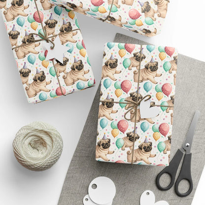 Party Pug Birthday Wrapping Paper — styled gift wrapping with scissors and twine