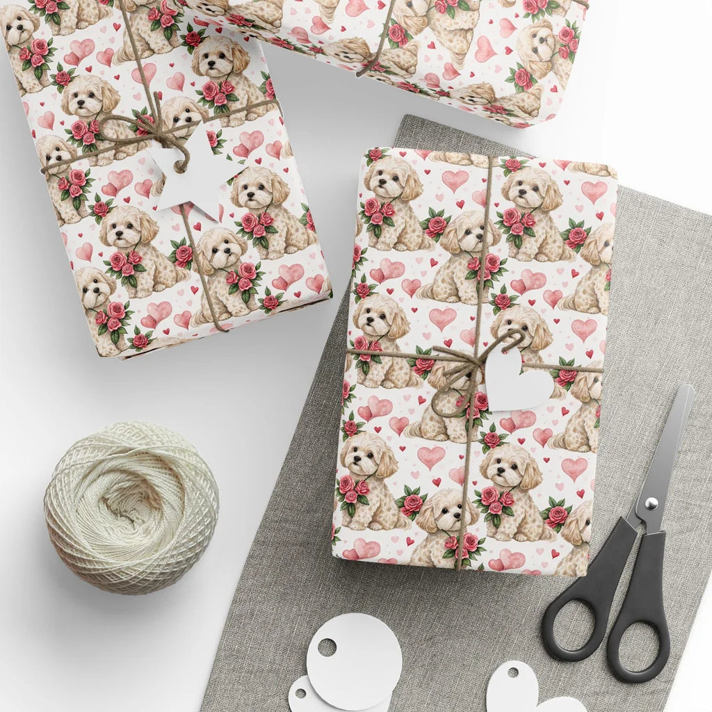 Pawsitively Yours: Cavapoo Valentine's Day Wrapping Paper — styled gift wrapping with scissors and twine