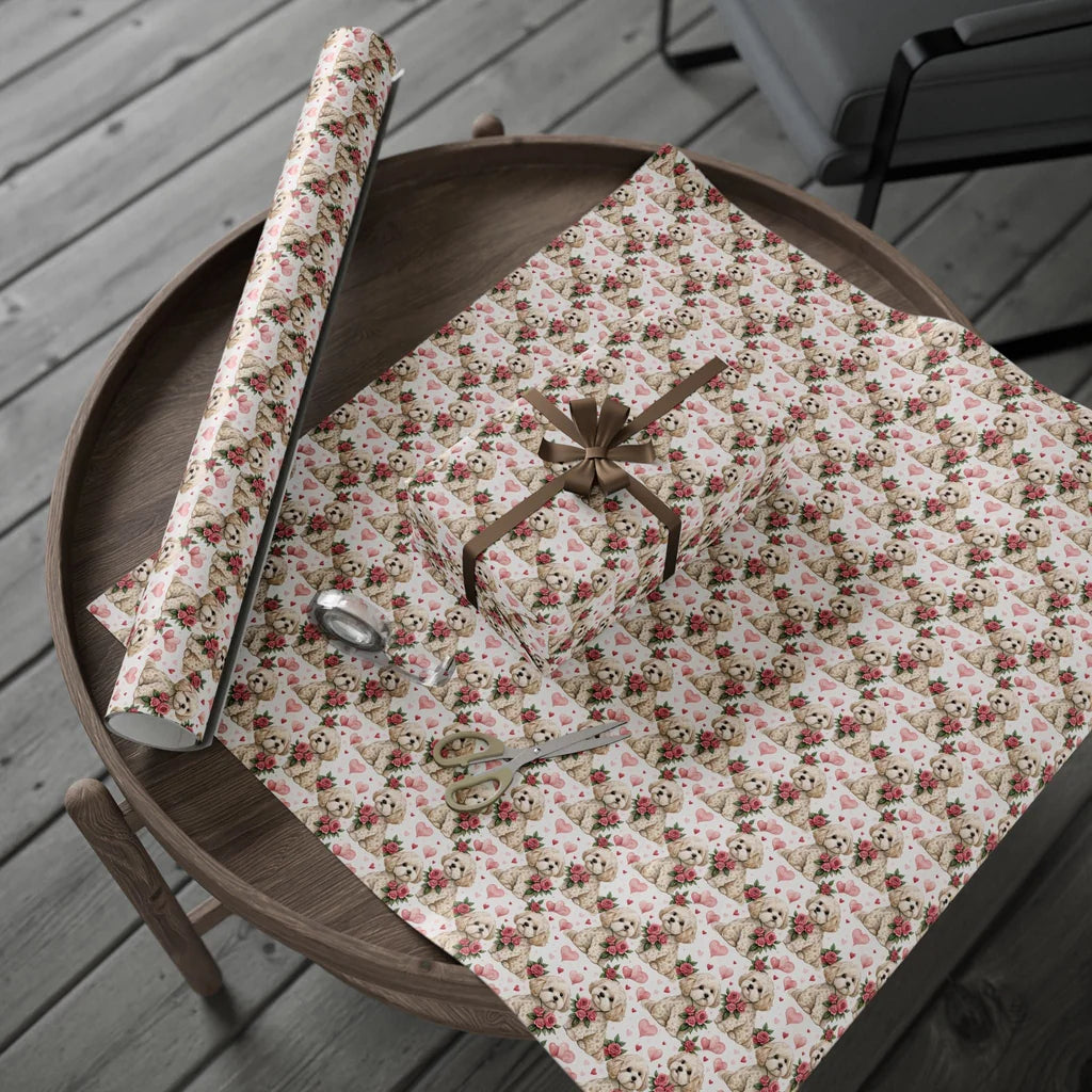 Pawsitively Yours: Cavapoo Valentine's Day Wrapping Paper — gift wrapping presented on a wooden table