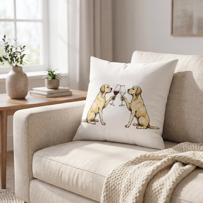 Yellow Labrador Retriever Happy Hour throw pillow styled on a sofa
