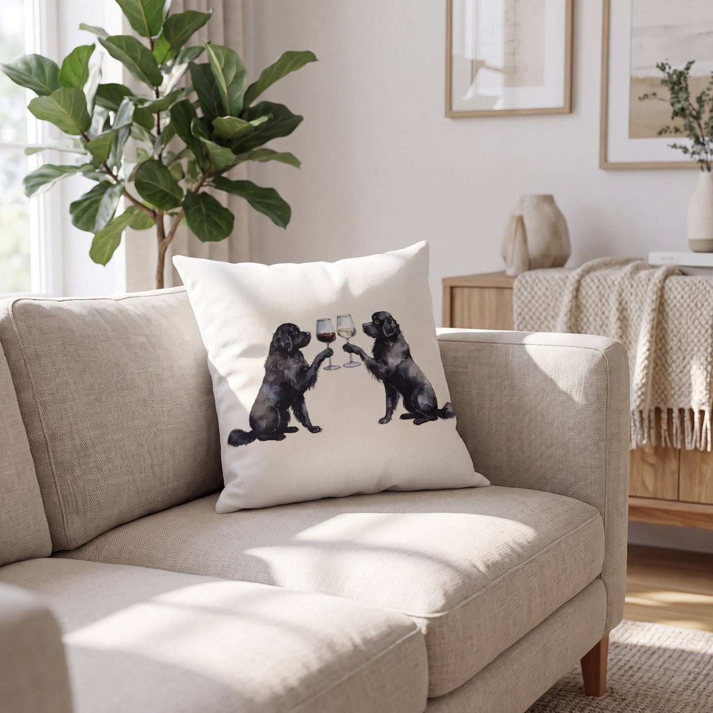 Newfoundland Happy Hour throw pillow styled on a sofa