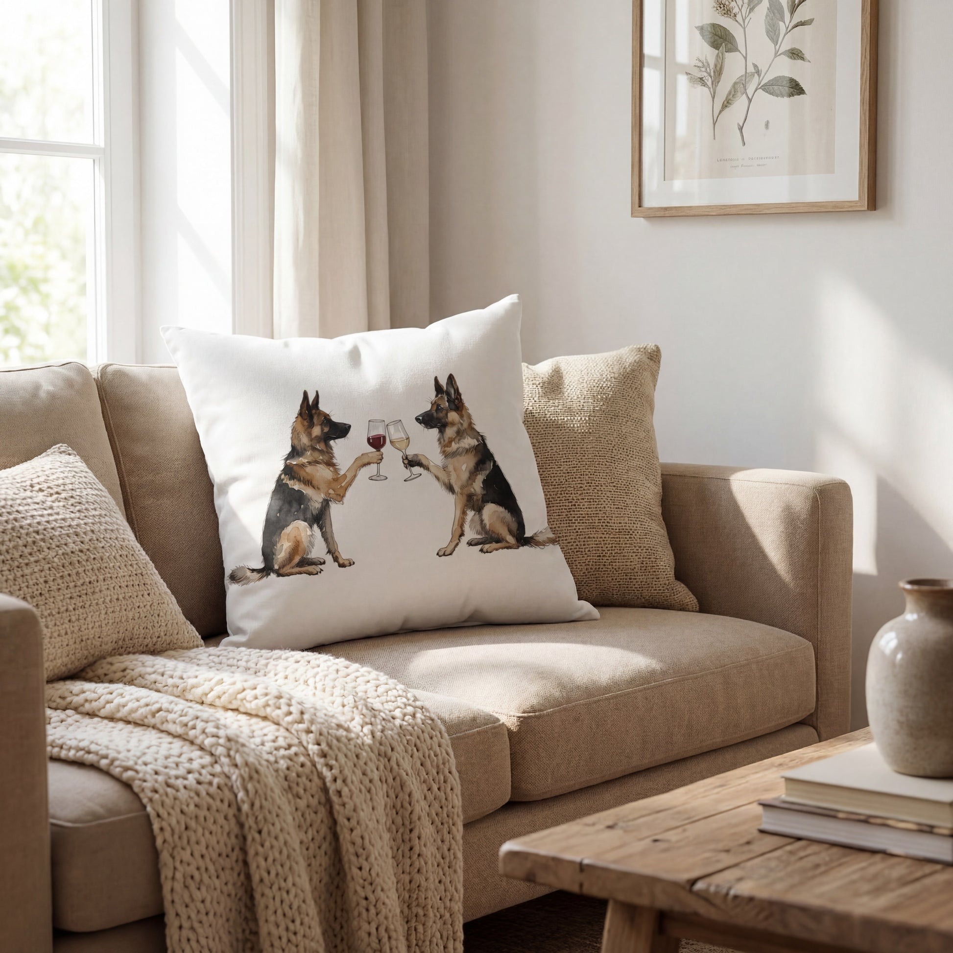 German Shepherd Happy Hour throw pillow styled on a sofa