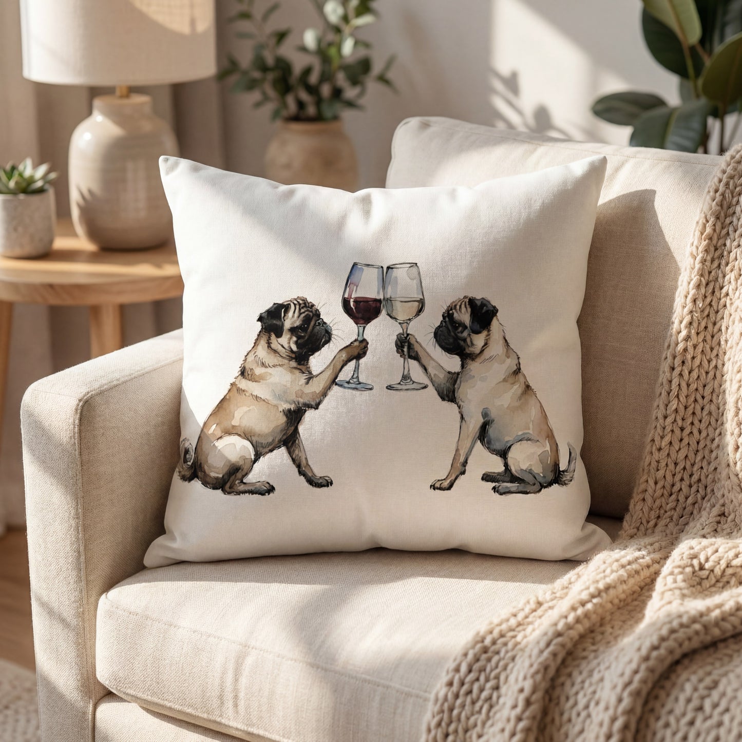 Pug Happy Hour throw pillow styled on a sofa