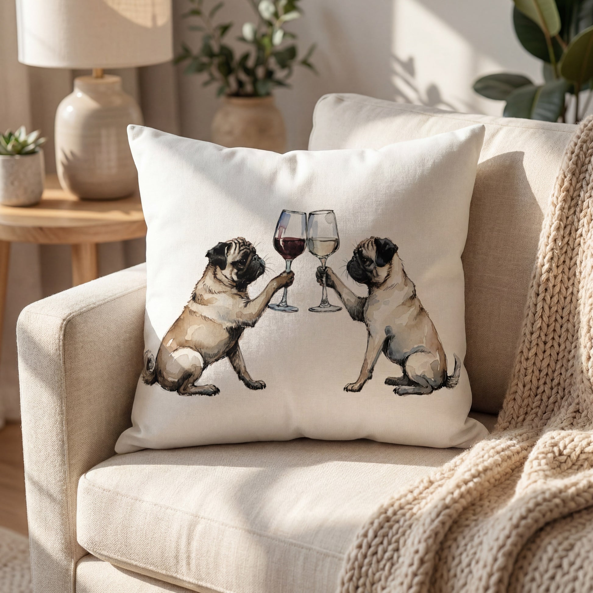 Pug Happy Hour throw pillow styled on a sofa