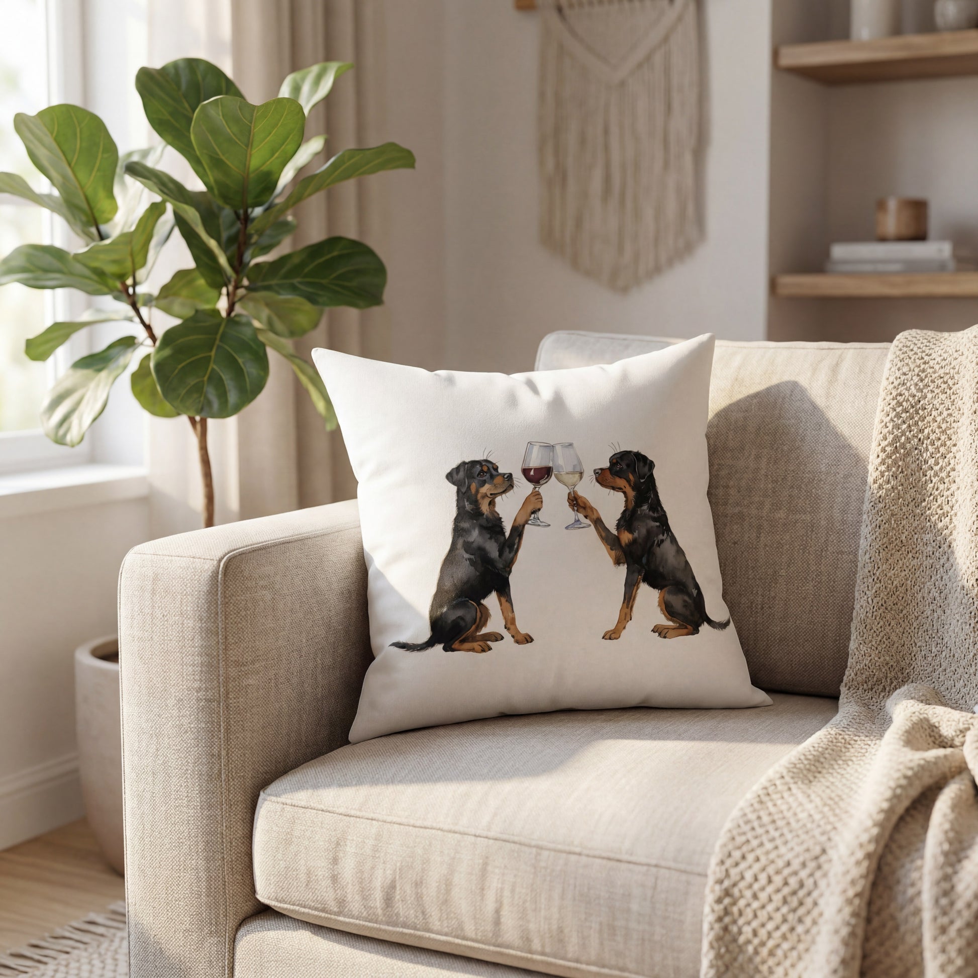 Rottweiler Happy Hour throw pillow styled on a sofa