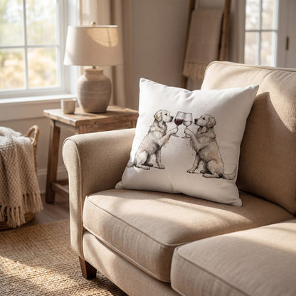 Golden Retriever Happy Hour throw pillow styled on a sofa