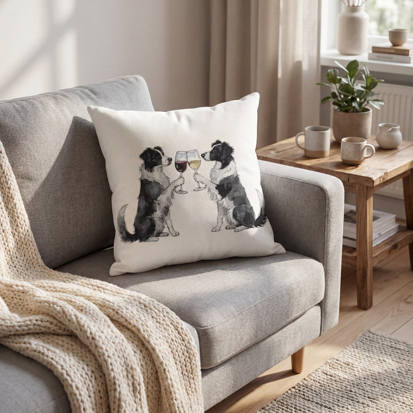 Border Collie Happy Hour throw pillow styled on a sofa
