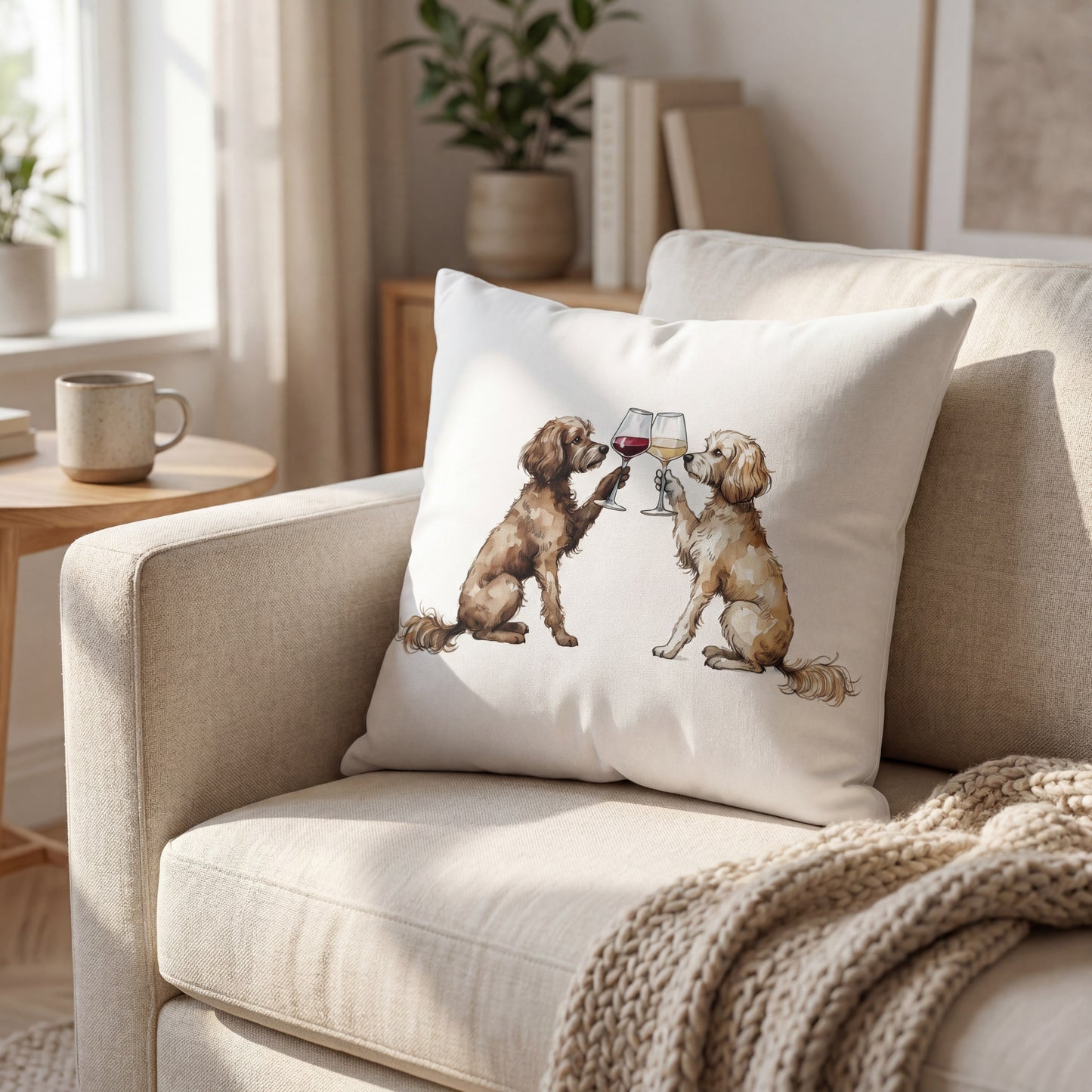 Cavapoo Happy Hour throw pillow styled on a sofa