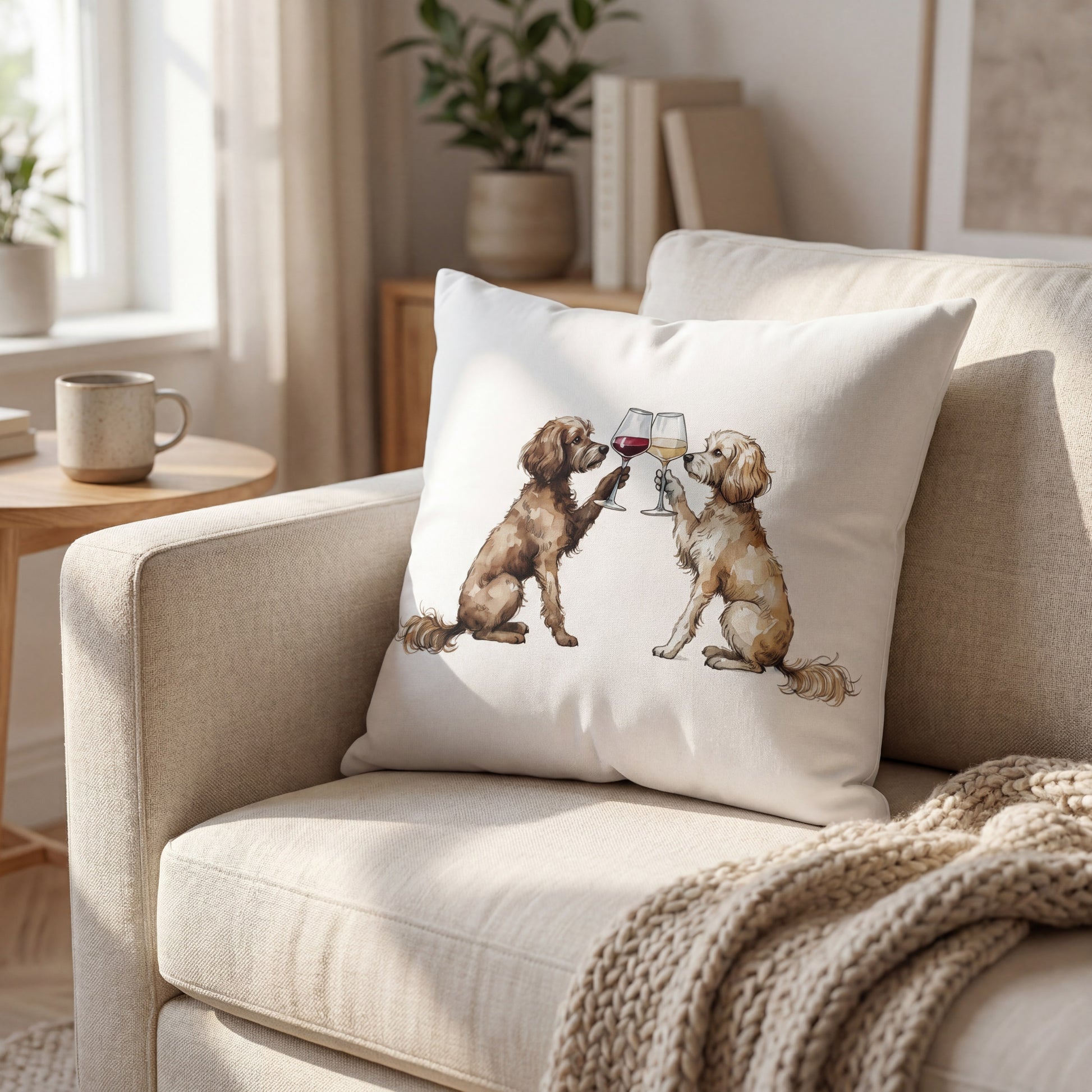 Cavapoo Happy Hour throw pillow styled on a sofa