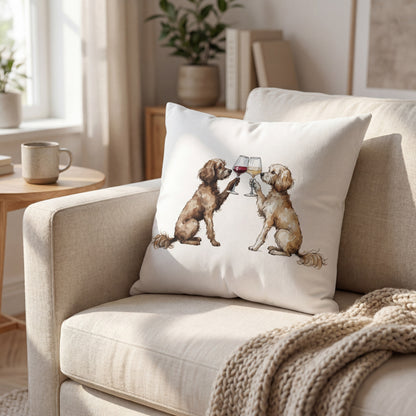 Cavapoo Happy Hour throw pillow styled on a sofa