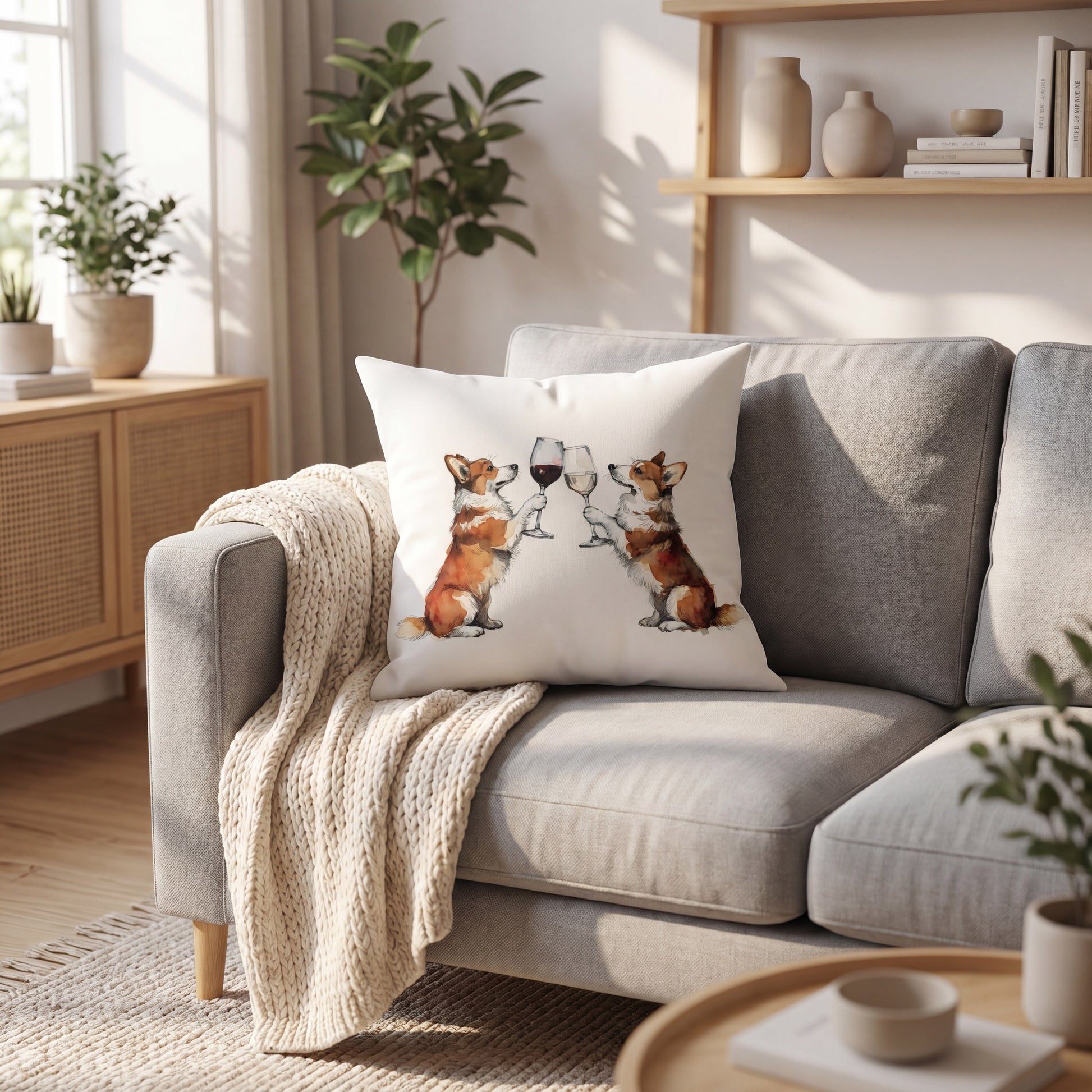 Corgi Happy Hour throw pillow styled on a sofa