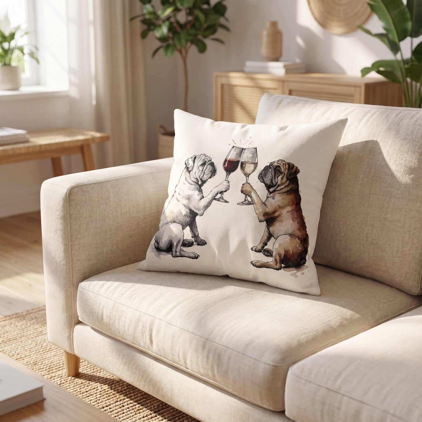 English Bulldog Happy Hour throw pillow styled on a sofa
