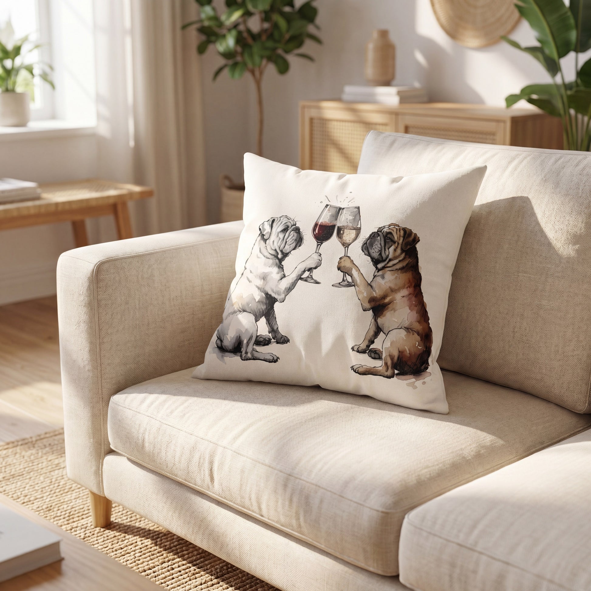 English Bulldog Happy Hour throw pillow styled on a sofa