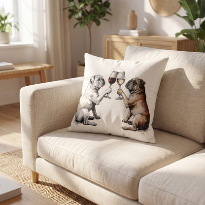 English Bulldog Happy Hour throw pillow styled on a sofa