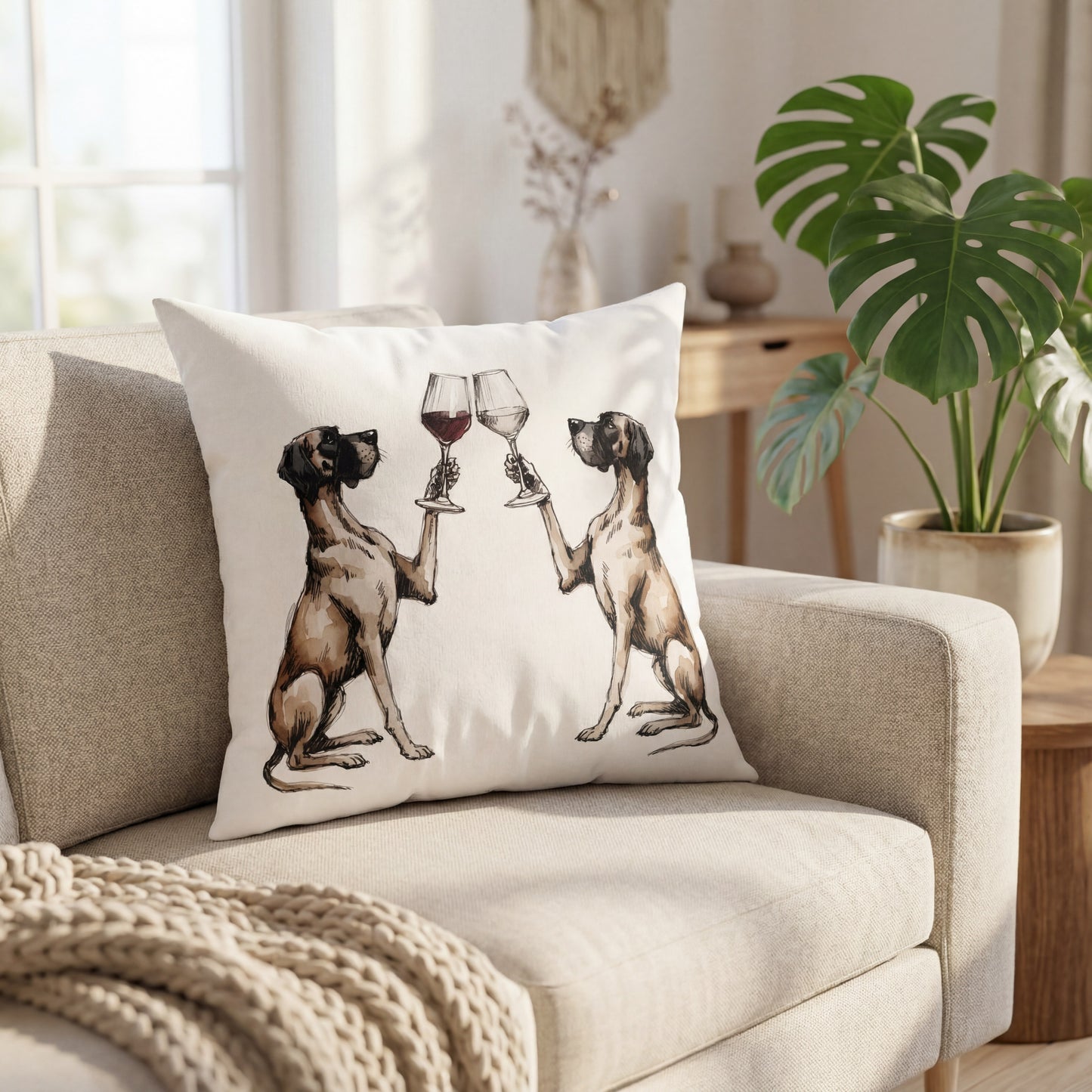Great Dane Happy Hour throw pillow styled on a sofa