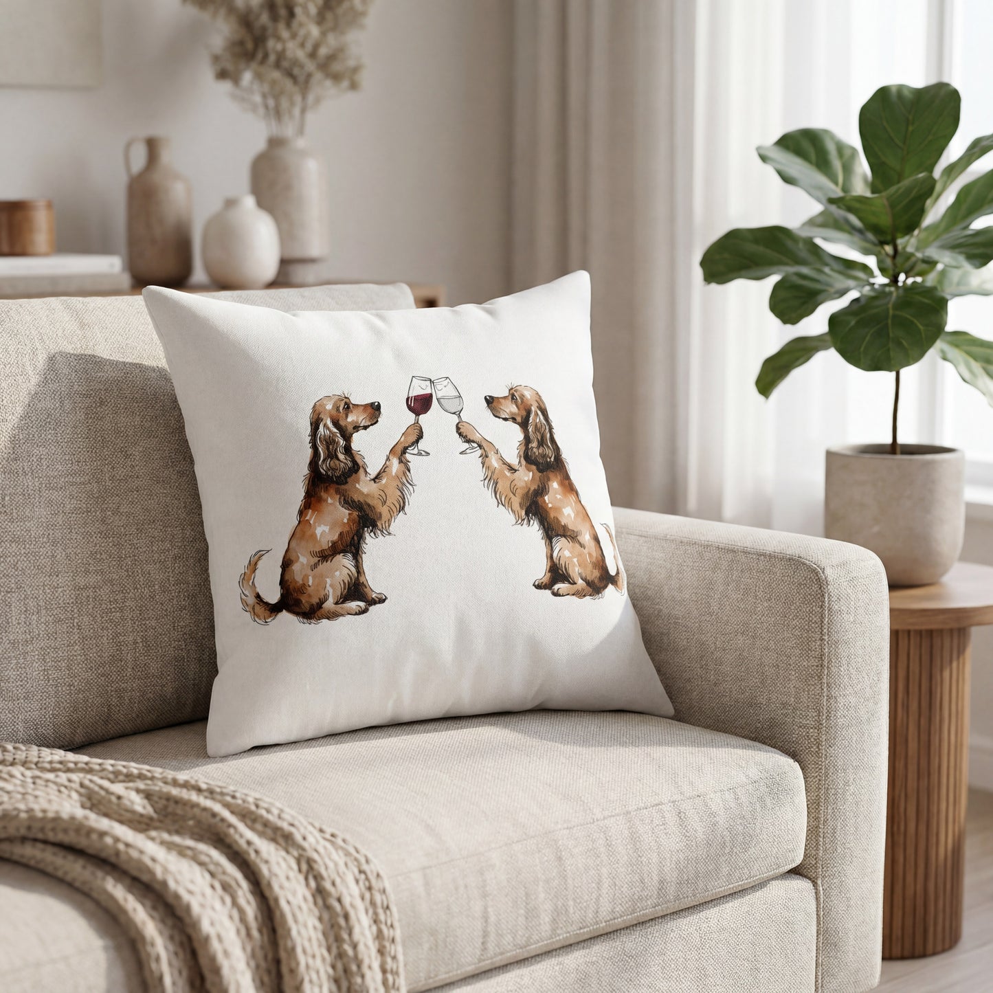 Cocker Spaniel Happy Hour throw pillow styled on a sofa
