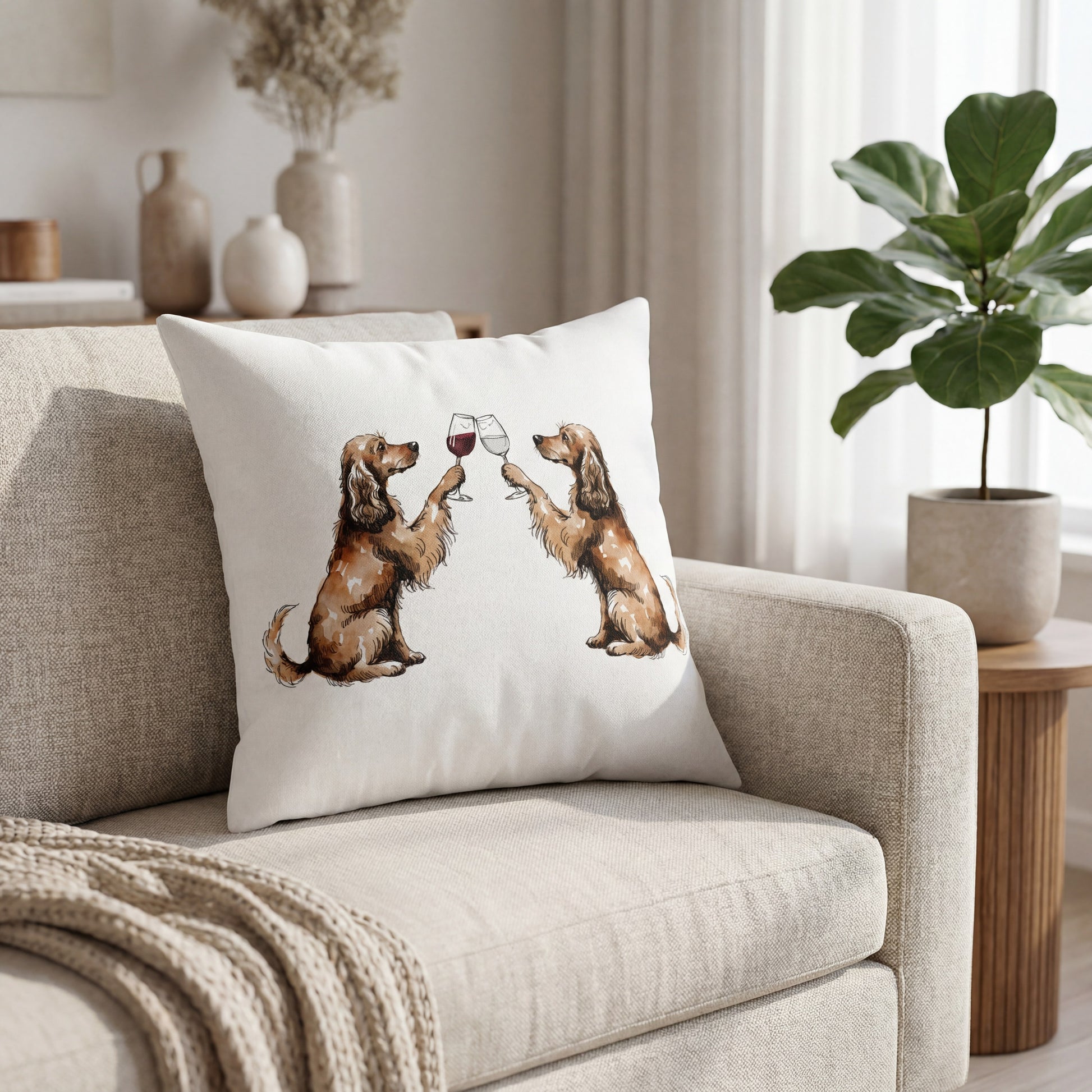 Cocker Spaniel Happy Hour throw pillow styled on a sofa