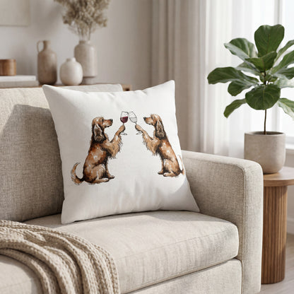 Cocker Spaniel Happy Hour throw pillow styled on a sofa