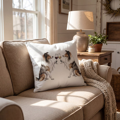 Collie Happy Hour throw pillow styled on a sofa