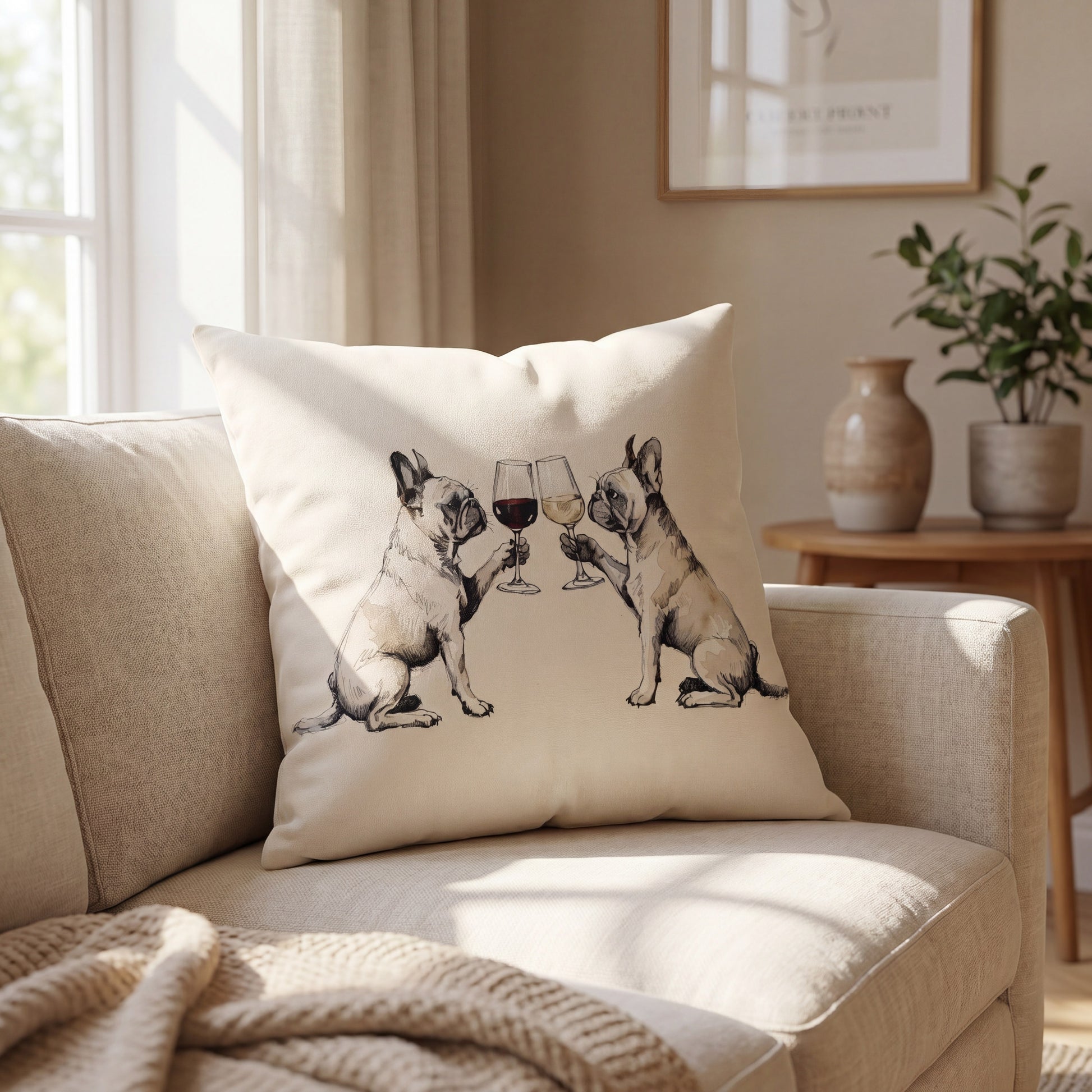 French Bulldog Happy Hour throw pillow styled on a sofa
