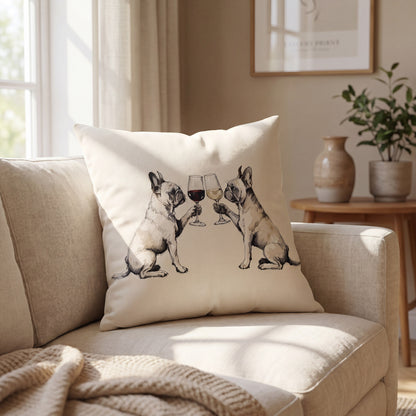 French Bulldog Happy Hour throw pillow styled on a sofa