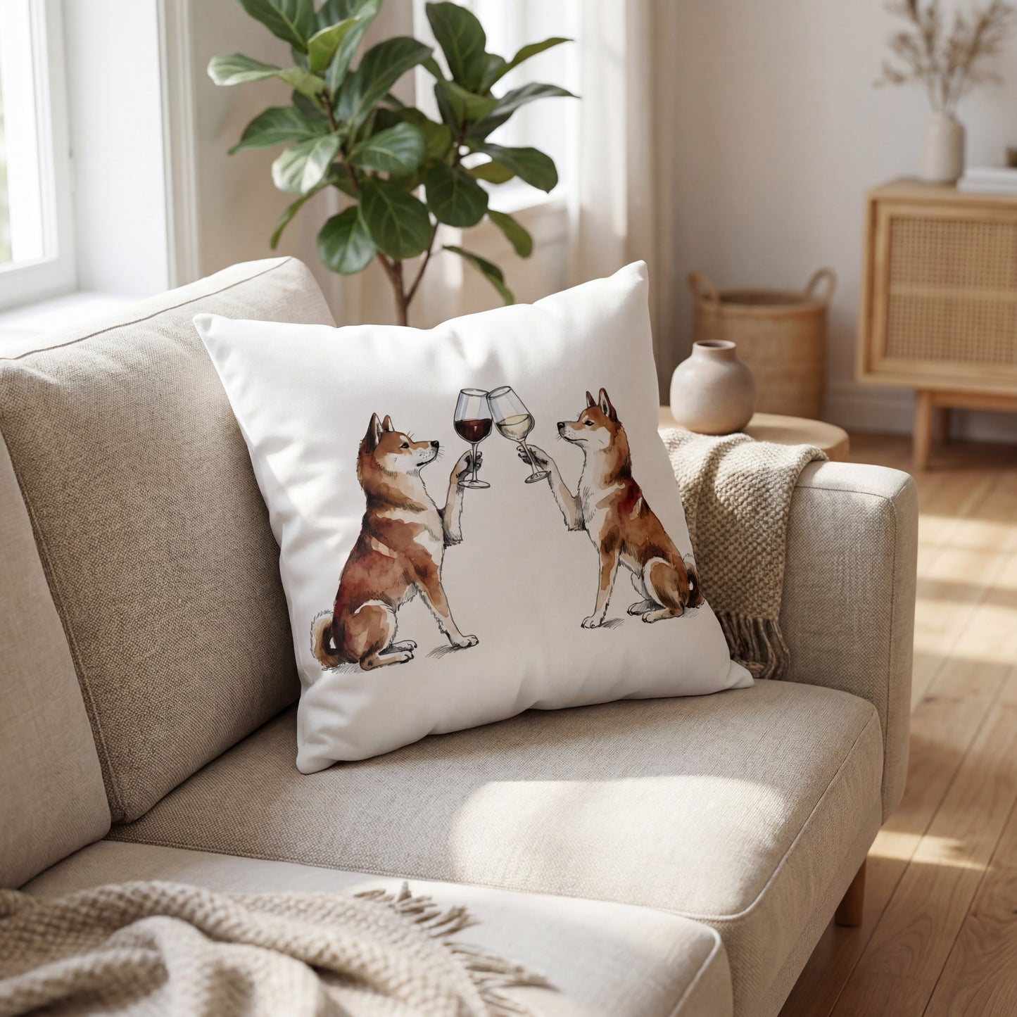 Shiba Inu Happy Hour throw pillow styled on a sofa