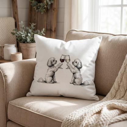 Maltipoo Happy Hour throw pillow styled on a sofa