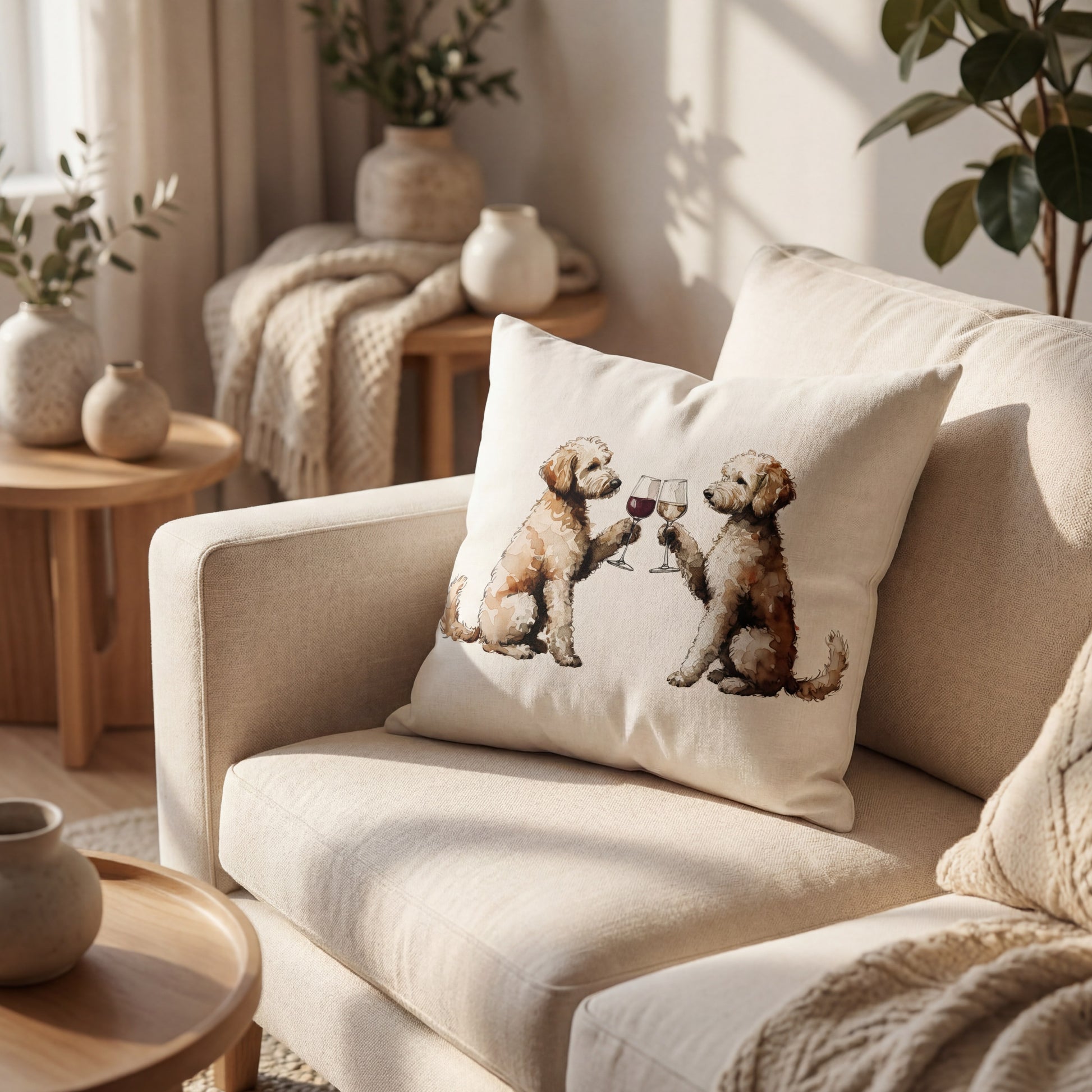Goldendoodle Happy Hour throw pillow styled on a sofa