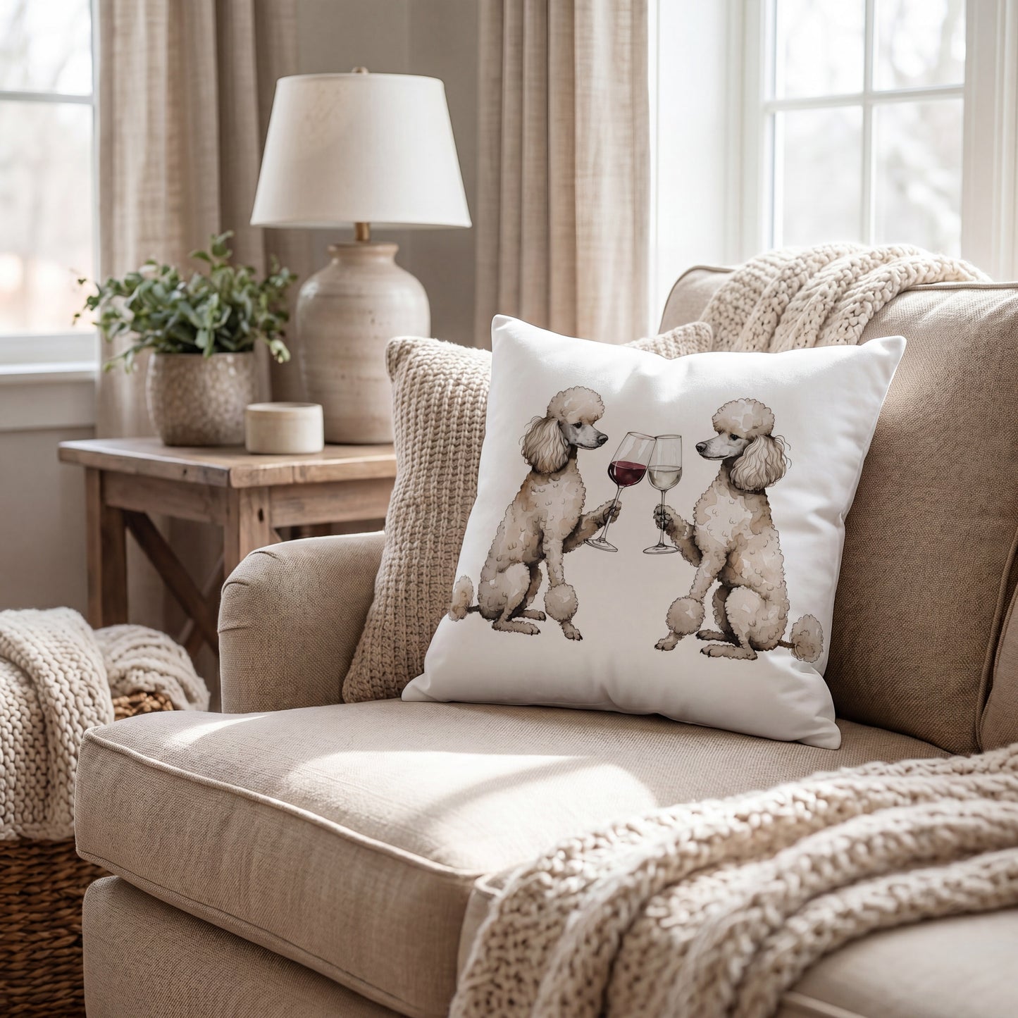Poodle Happy Hour throw pillow styled on a sofa